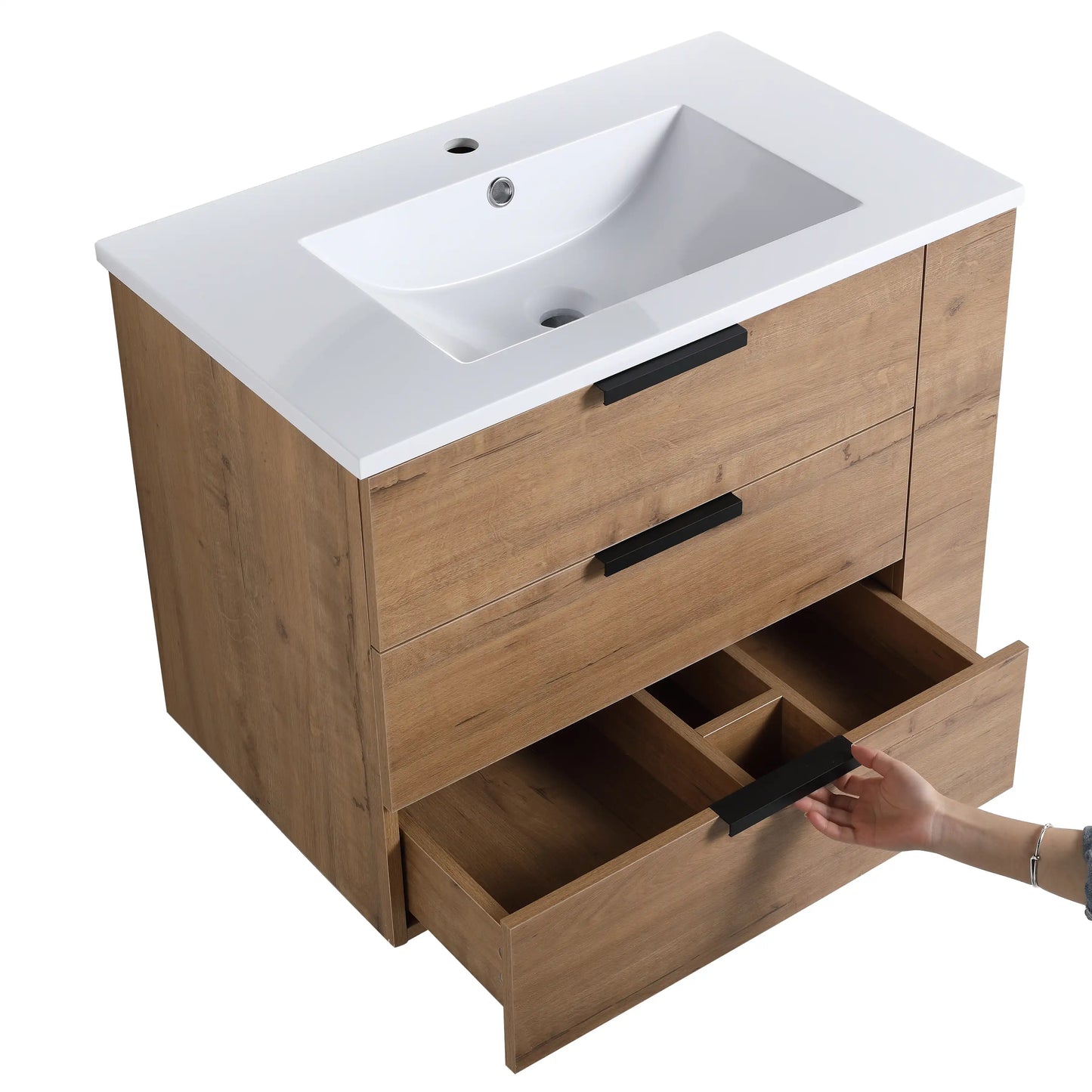 30" Wall-Mounted Bathroom Vanity with Sink, Soft-Close Drawer & Side Shelf color: Imitative Oak