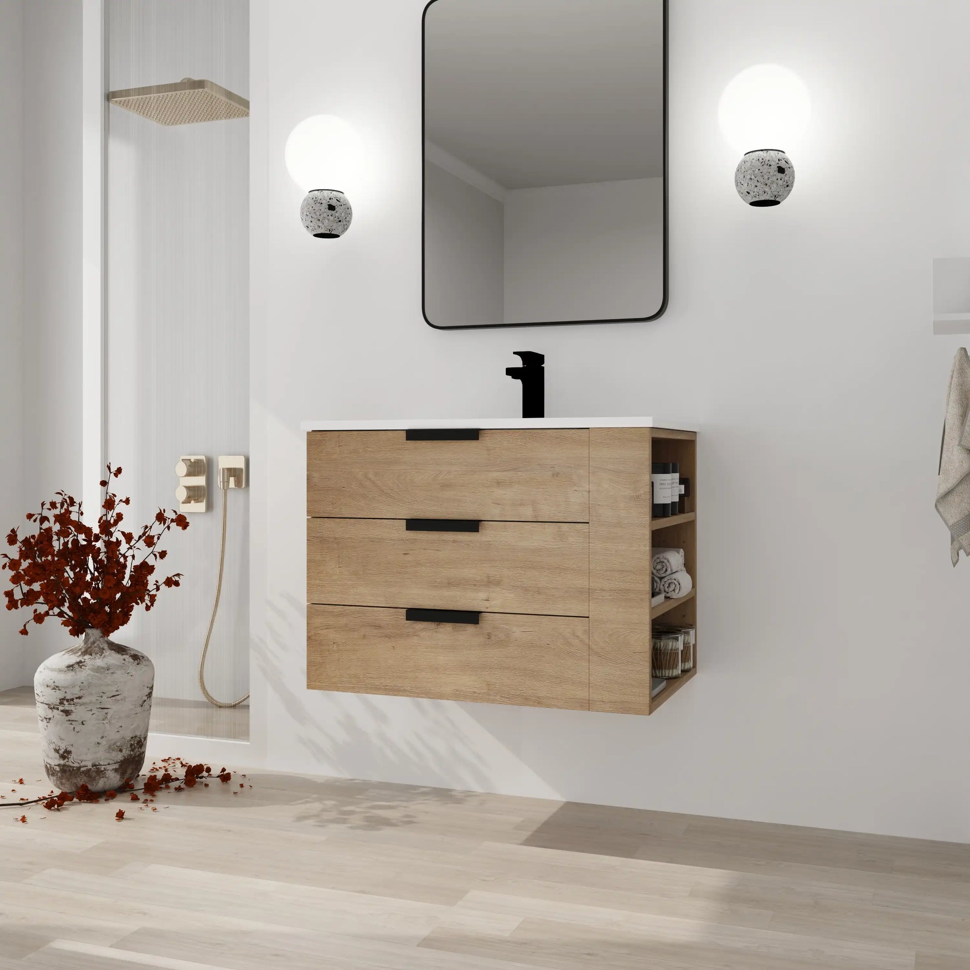 30" small bathroom vanity with drawers displayed in a modern bathroom setting with wall-mounted design | Ace Decor