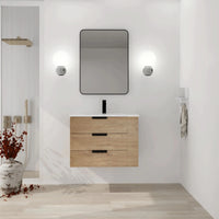 30" small bathroom vanity with drawers shown in a modern wall-mounted bathroom setting | Ace Decor