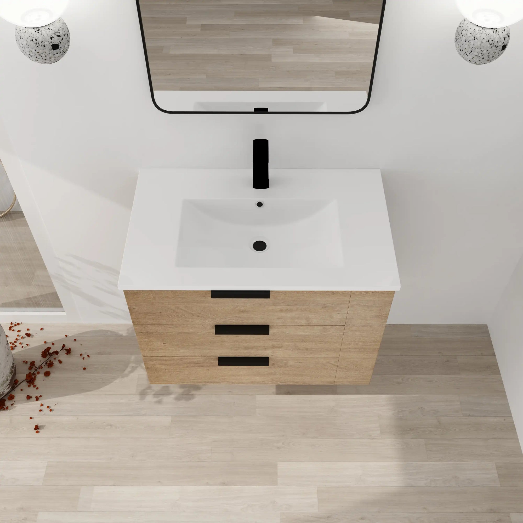30" small bathroom vanity with drawers shown in a top-down view with integrated resin sink | Ace Decor