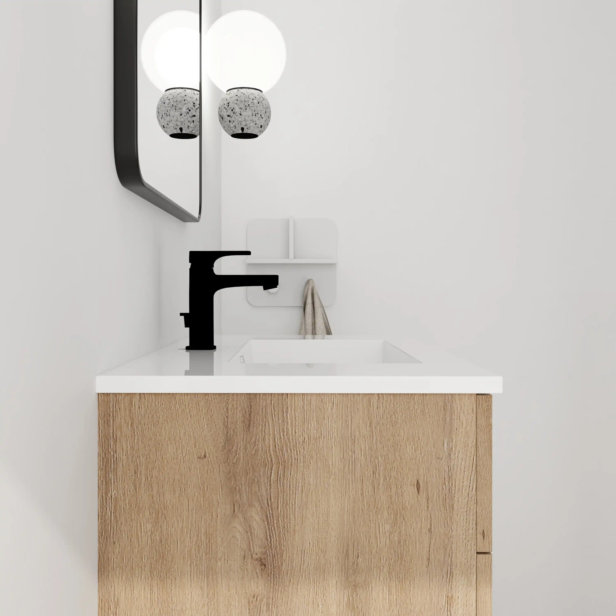 30" small bathroom vanity with drawers displayed in a modern bathroom setting with integrated sink | Ace Decor