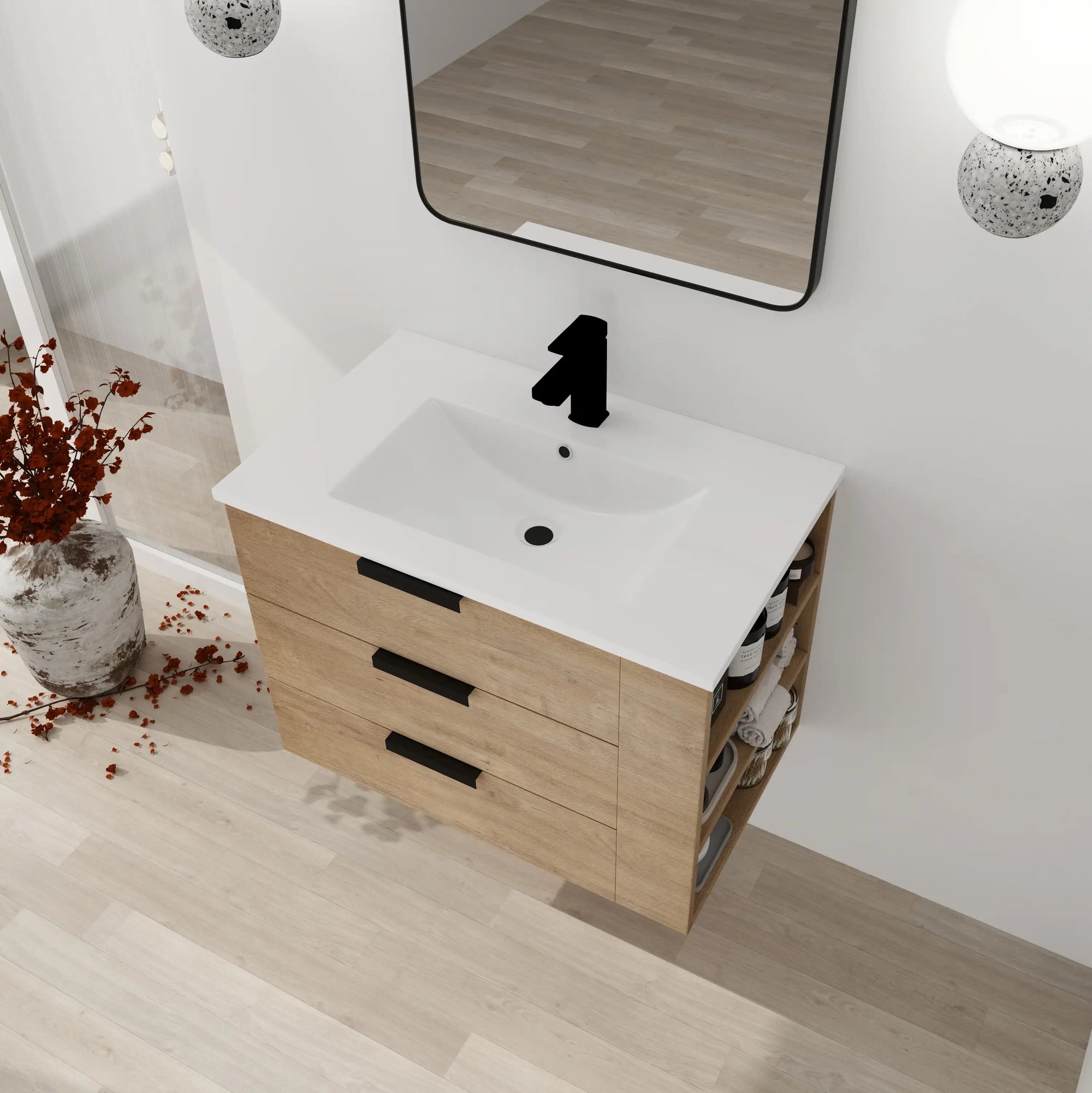 30" small bathroom vanity with drawers shown from an angled view highlighting countertop and drawer design | Ace Decor