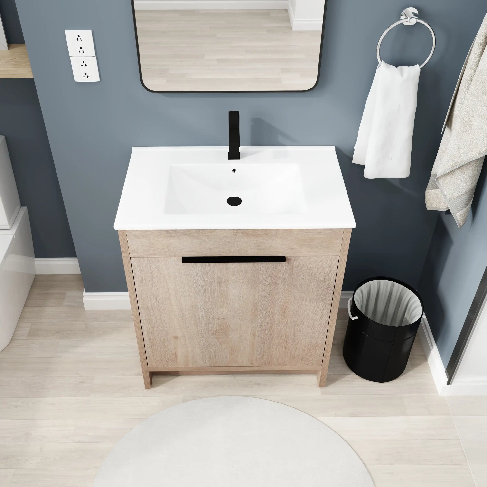 Front overhead view of 24" 24in bathroom vanity, highlighting integrated sink and clean modern lines | Ace Decor