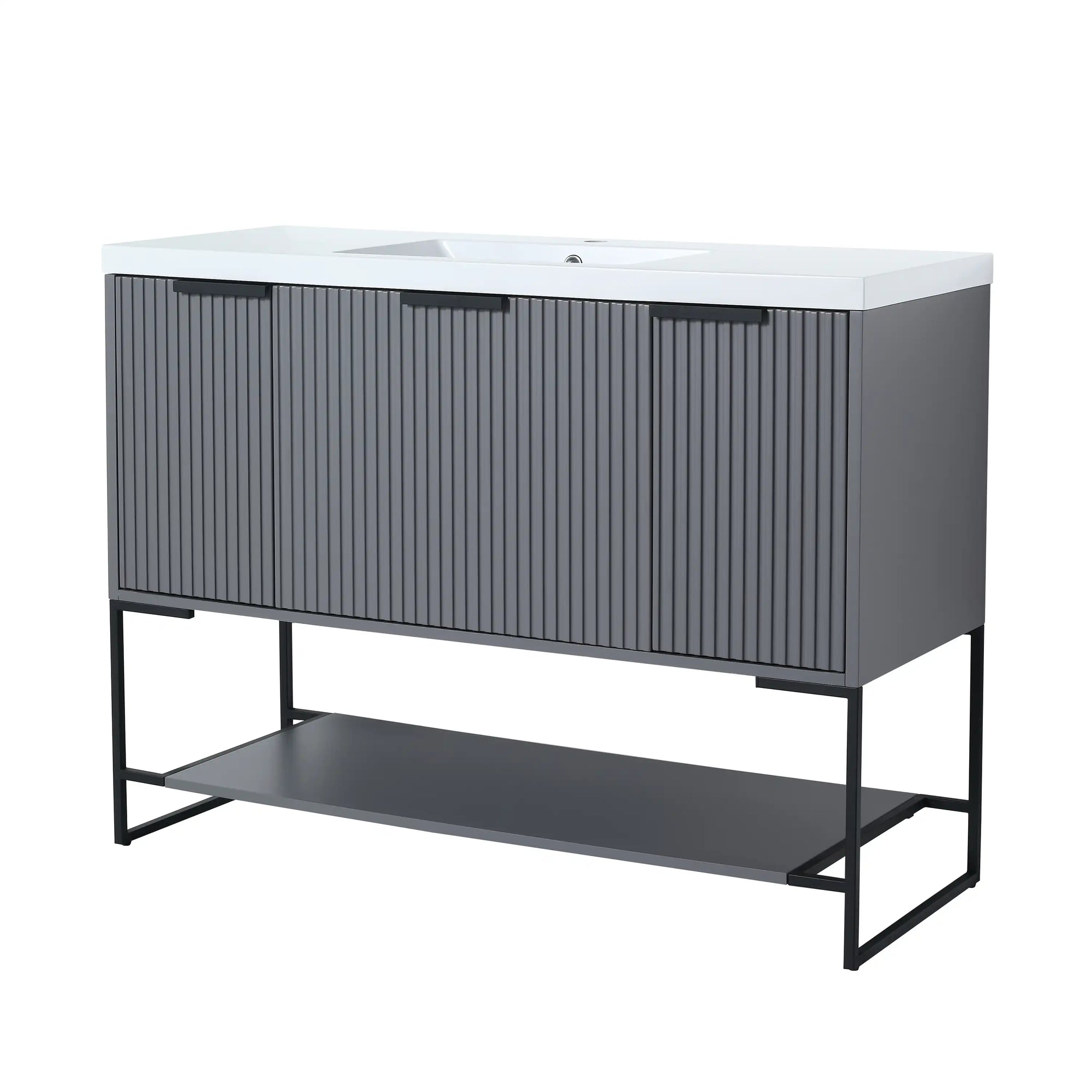 48" grey vanity bathroom unit with fluted front and open shelf design | Ace Decor