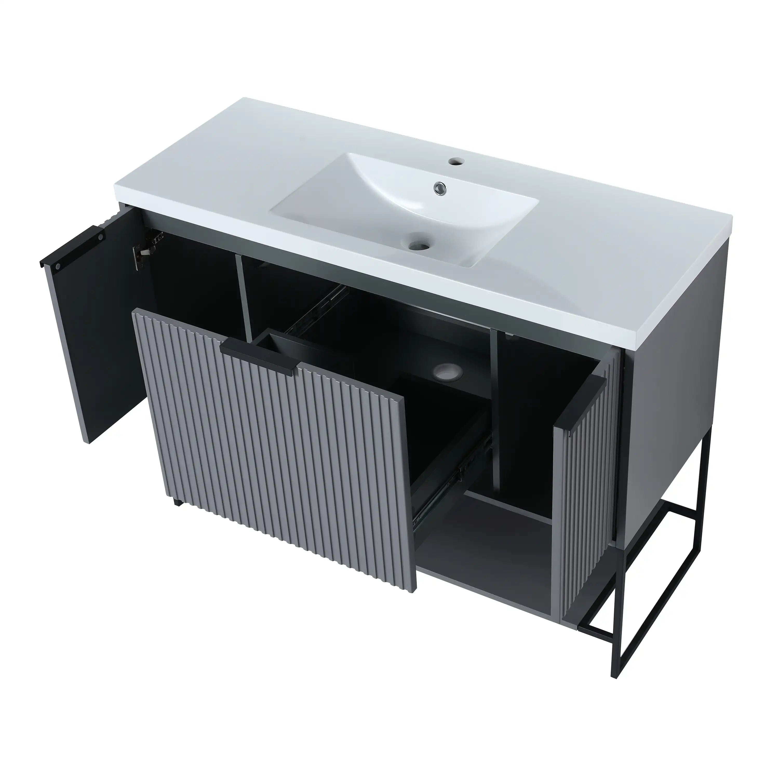 48" grey vanity bathroom unit with doors and drawer open showing interior storage layout.