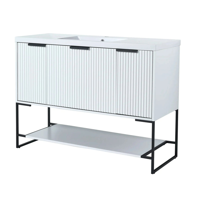 48” White Freestanding Single Sink Vanity with Drawers, Soft-Close Storage & Open Shelf