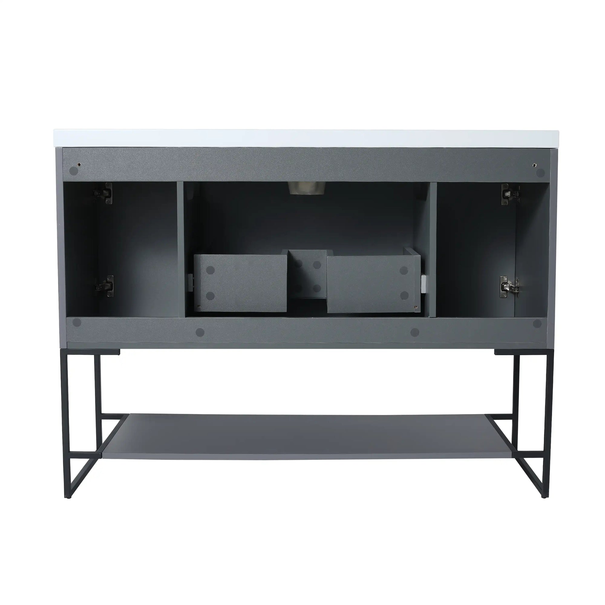 48" grey vanity bathroom unit back view showing internal structure and storage compartments | Ace Decor