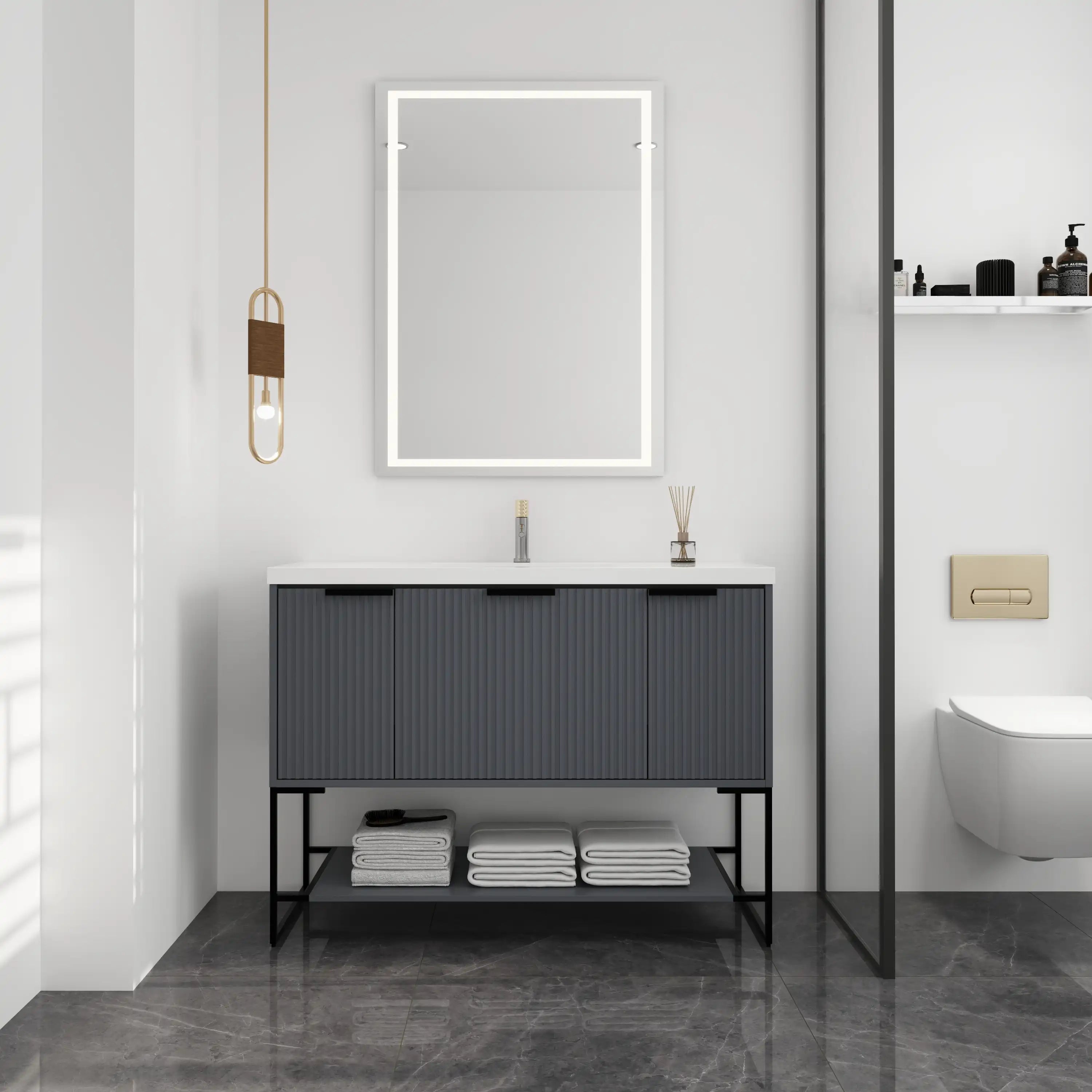 48" grey bathroom vanity in modern bathroom setting with LED mirror and open shelf storage.