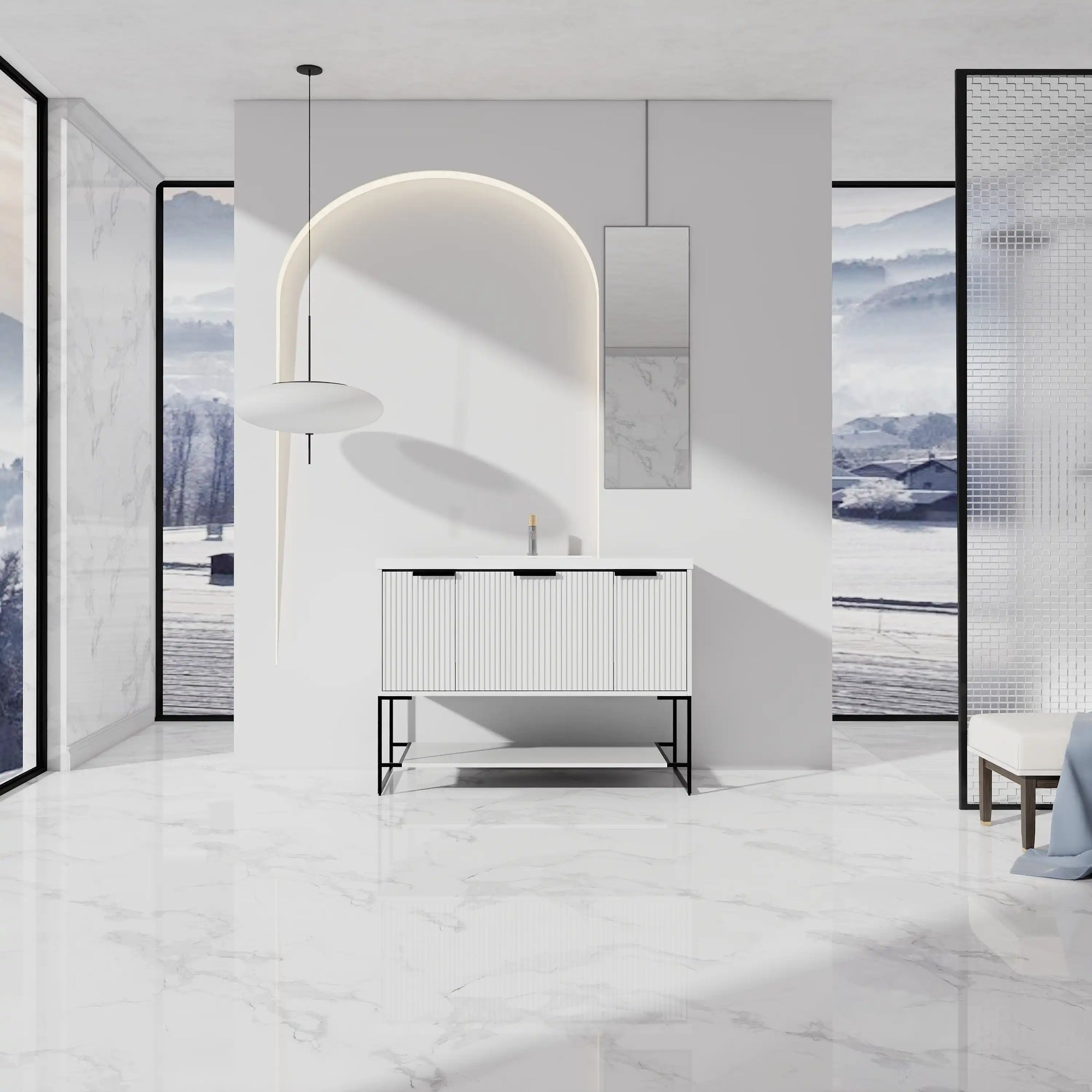 47” White Freestanding Single Sink Vanity with Drawers, Soft-Close Storage &amp; Open Shelf