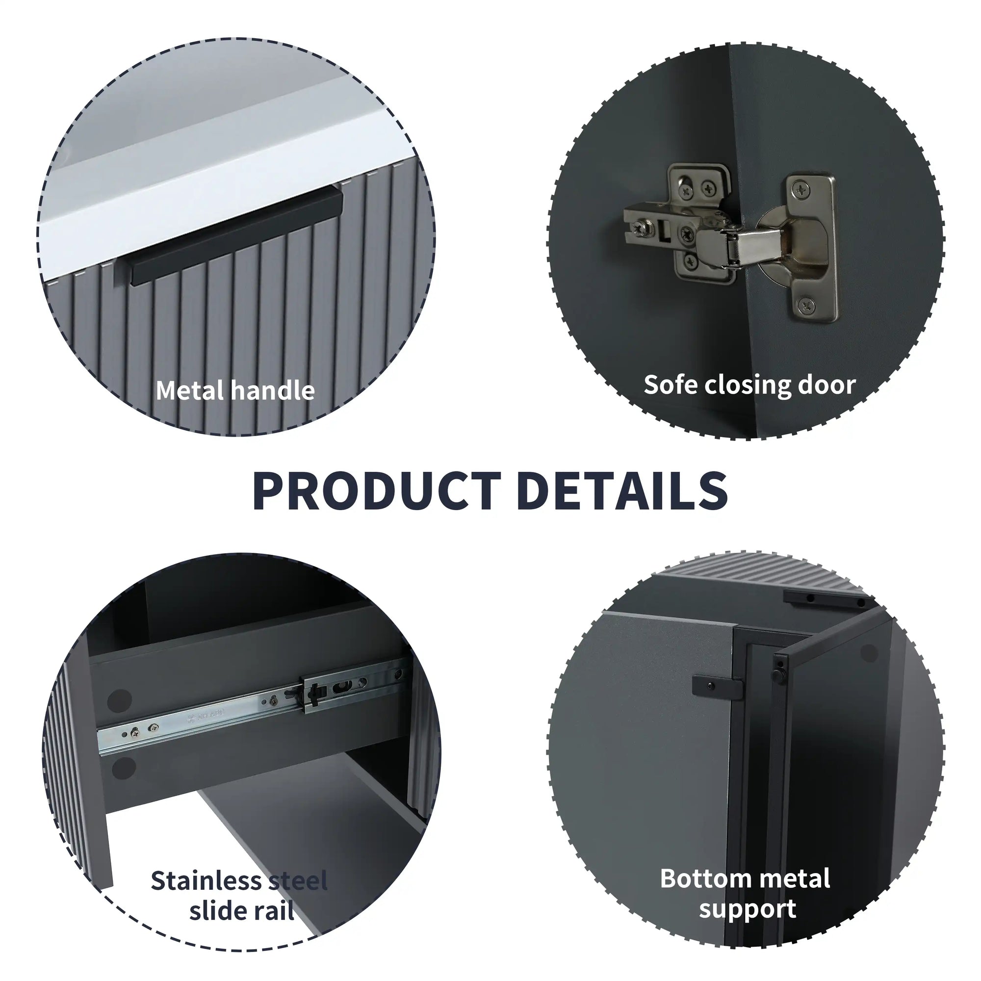 48" grey vanity bathroom unit product details showing handle, hinge, and slide rail features | Ace Decor