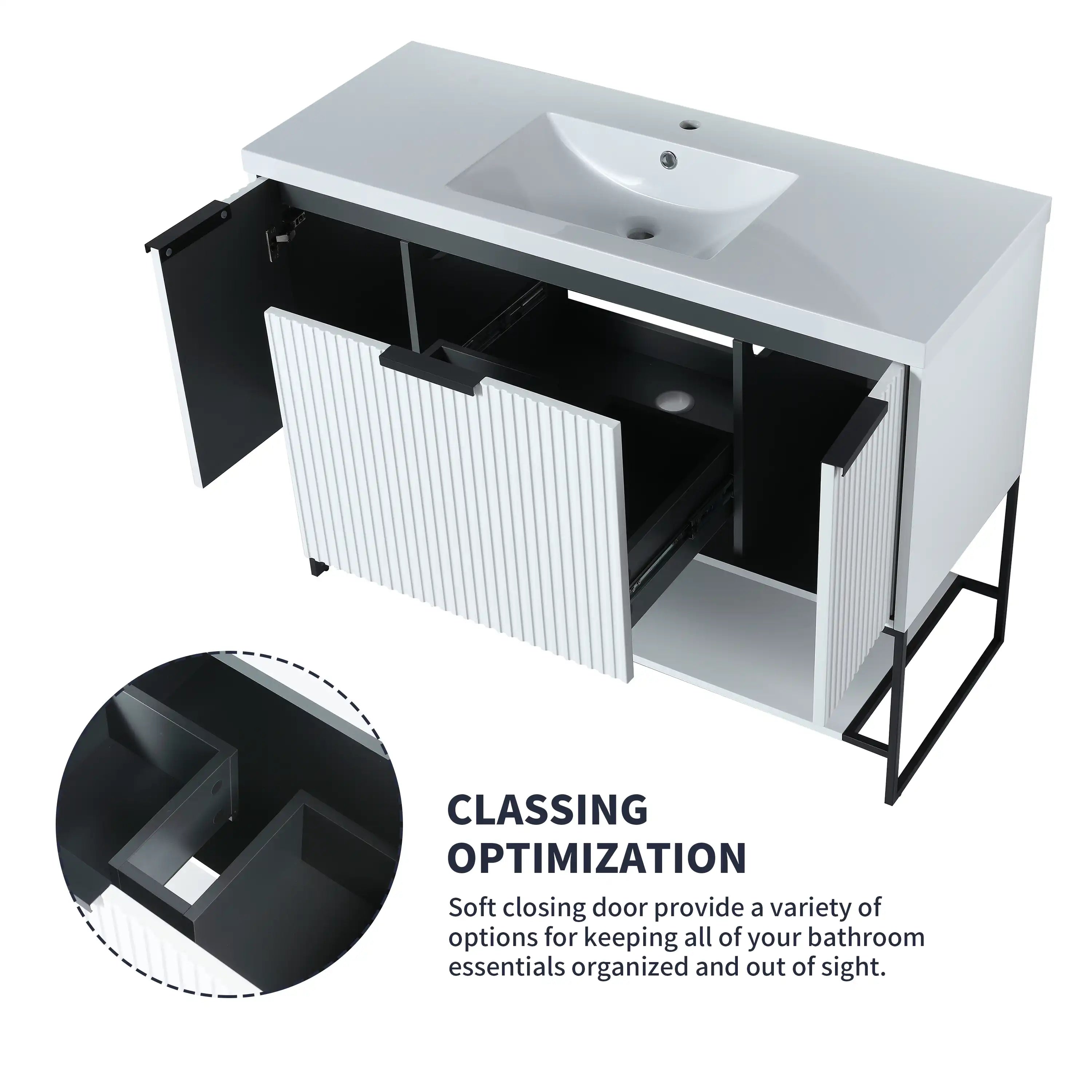 48” White Freestanding Single Sink Vanity with Drawers, Soft-Close Storage & Open Shelf