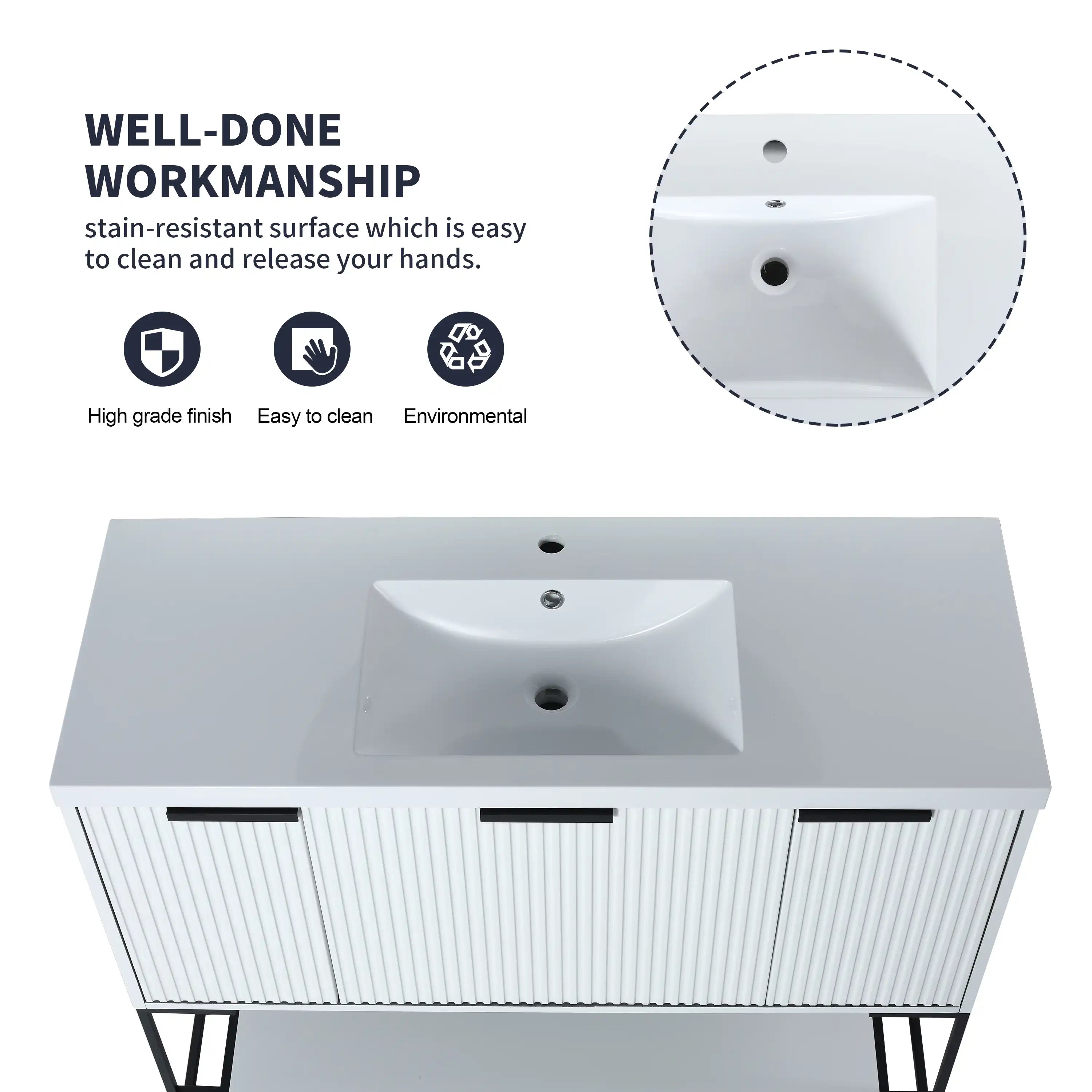 48” White Freestanding Single Sink Vanity with Drawers, Soft-Close Storage & Open Shelf