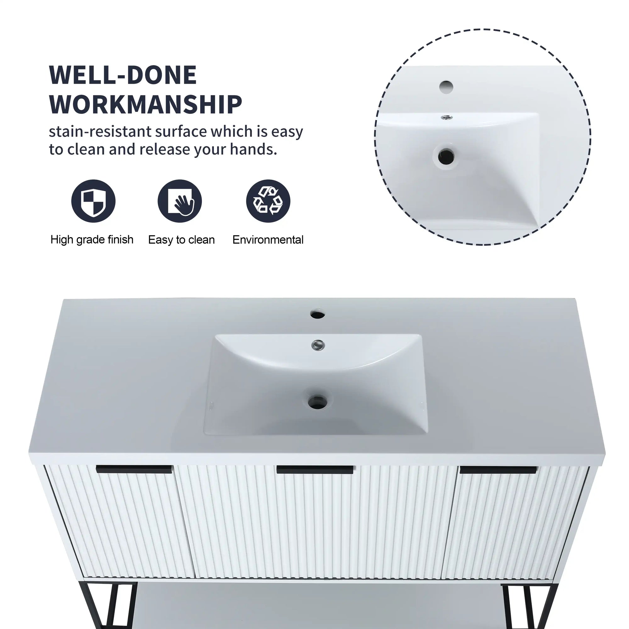 47” White Freestanding Single Sink Vanity with Drawers, Soft-Close Storage &amp; Open Shelf