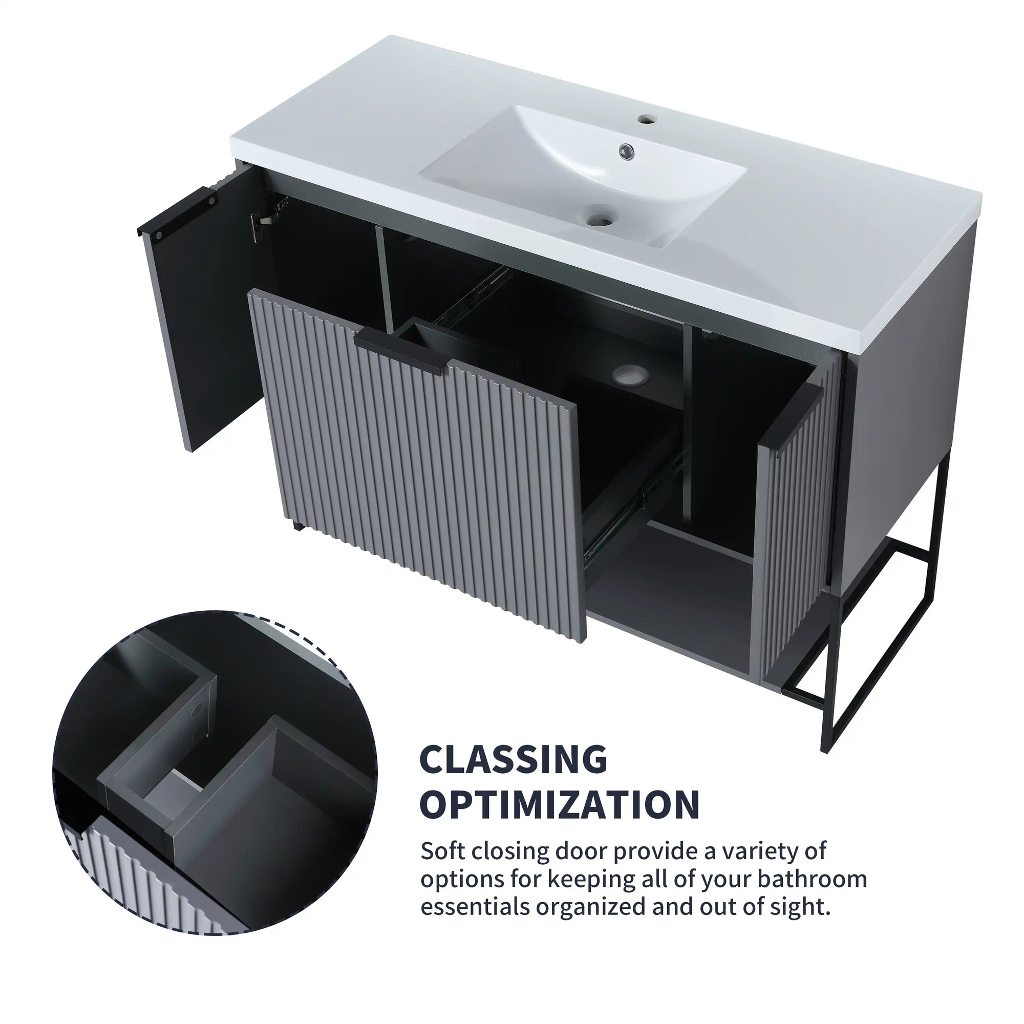 48" grey vanity bathroom unit with soft-close storage and internal drawer organization view | Ace Decor