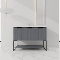 48" grey vanity bathroom unit in modern bathroom setting with fluted front and open shelf | Ace Decor