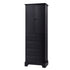 Black 68 inch bathroom linen cabinet with double doors, adjustable shelves, and four deep drawers on white background.