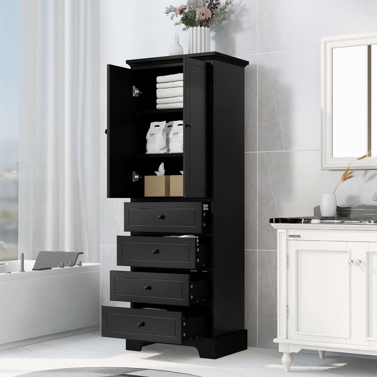 Storage Cabinet with 2 Doors and 4 Drawers for Bathroom Office Adjustable Shelf Grey White Black | ACE DECOR