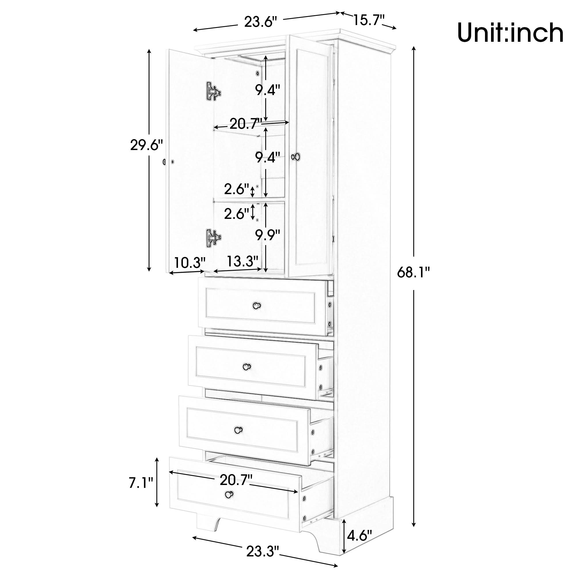 68” Bathroom Linen Cabinet – Tall Storage with Adjustable Shelves & Deep Drawers