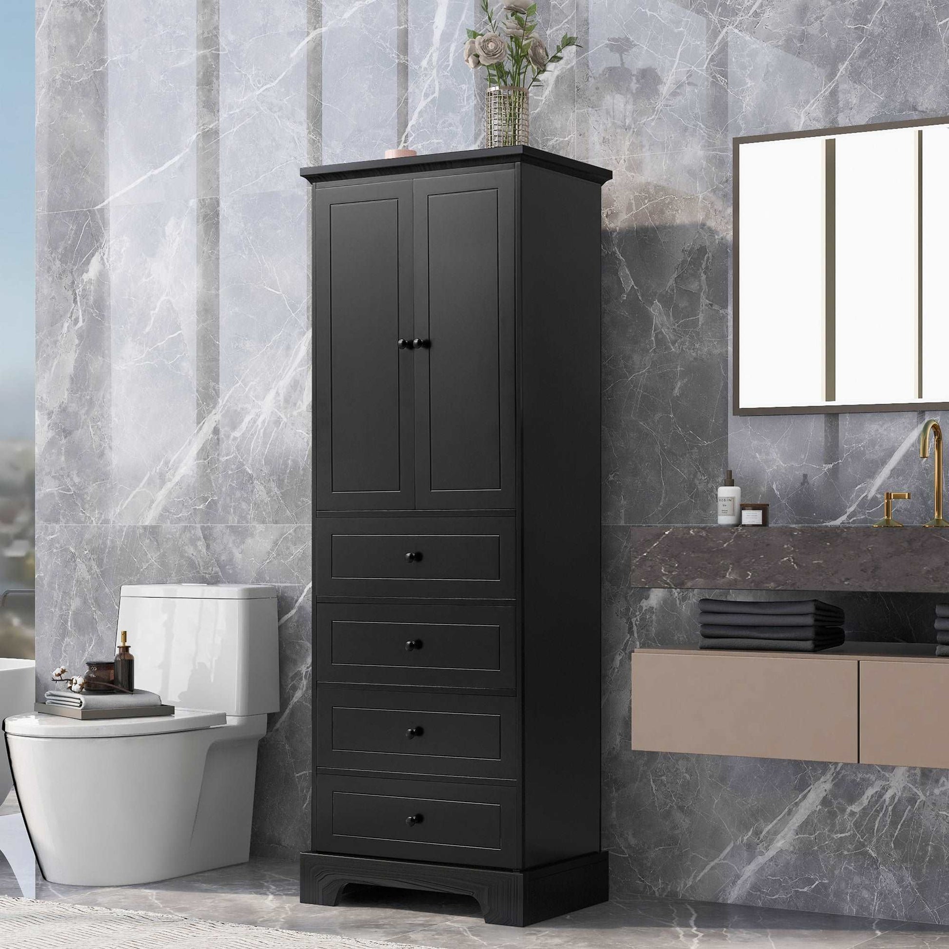 Storage Cabinet with 2 Doors and 4 Drawers for Bathroom Office Adjustable Shelf Grey White Black | ACE DECOR