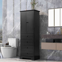 Black 68-inch bathroom linen cabinet with tall double doors and four drawers, styled in a modern bathroom with marble walls, toilet, and vanity.