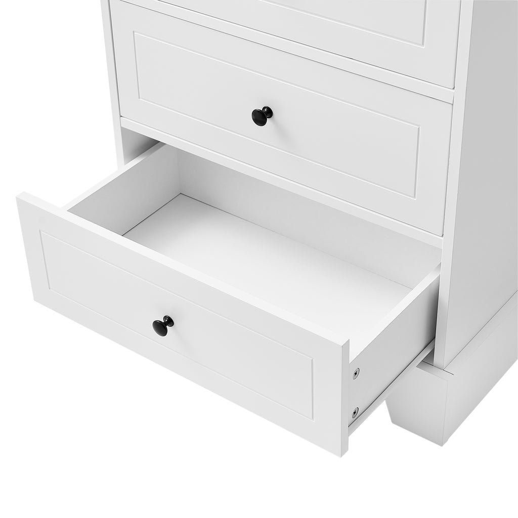 Close-up of deep drawer pulled open on white bathroom linen cabinet, showing spacious storage capacity.