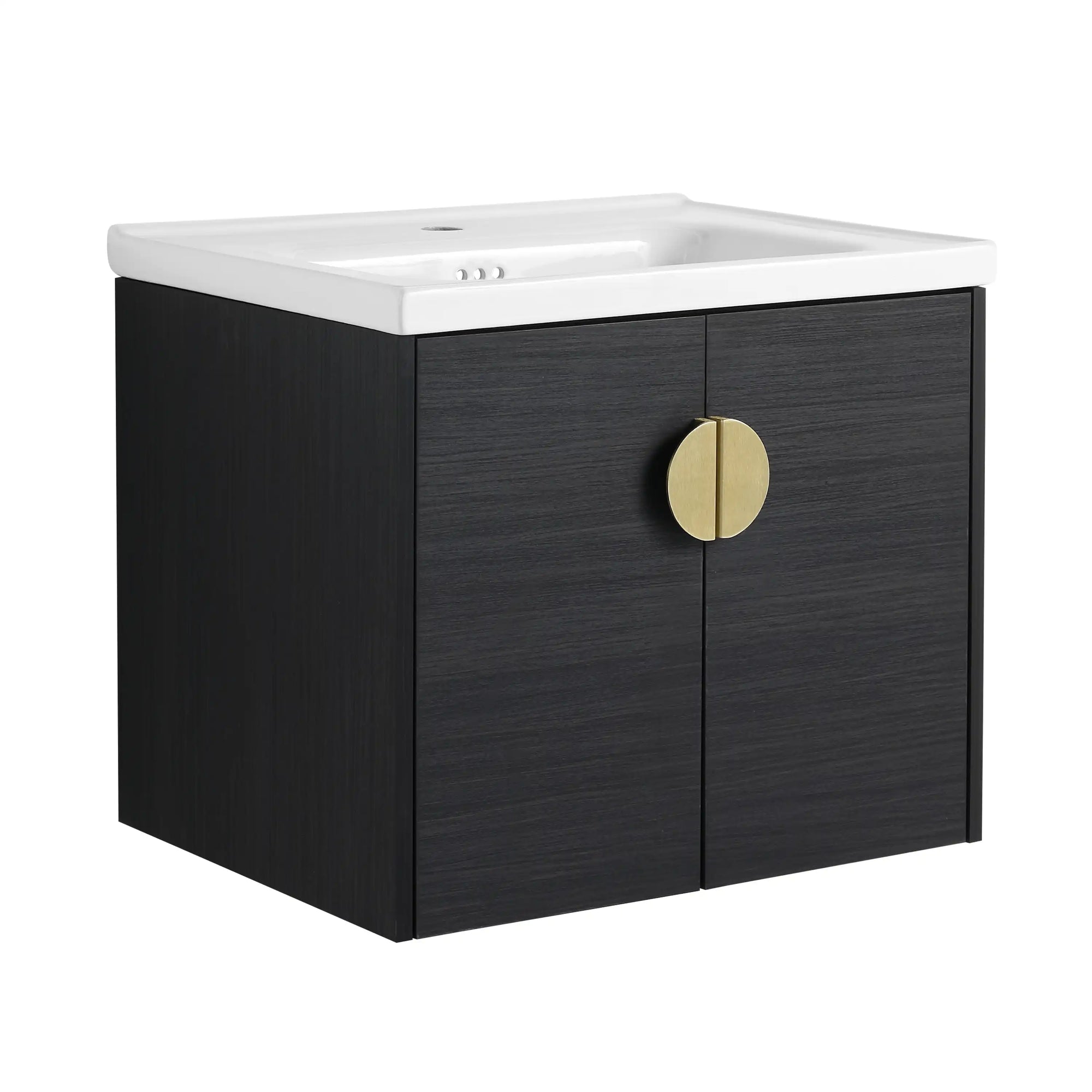 24 inch small corner vanity bathroom in black with brass round handle, front angled view | Ace Decor