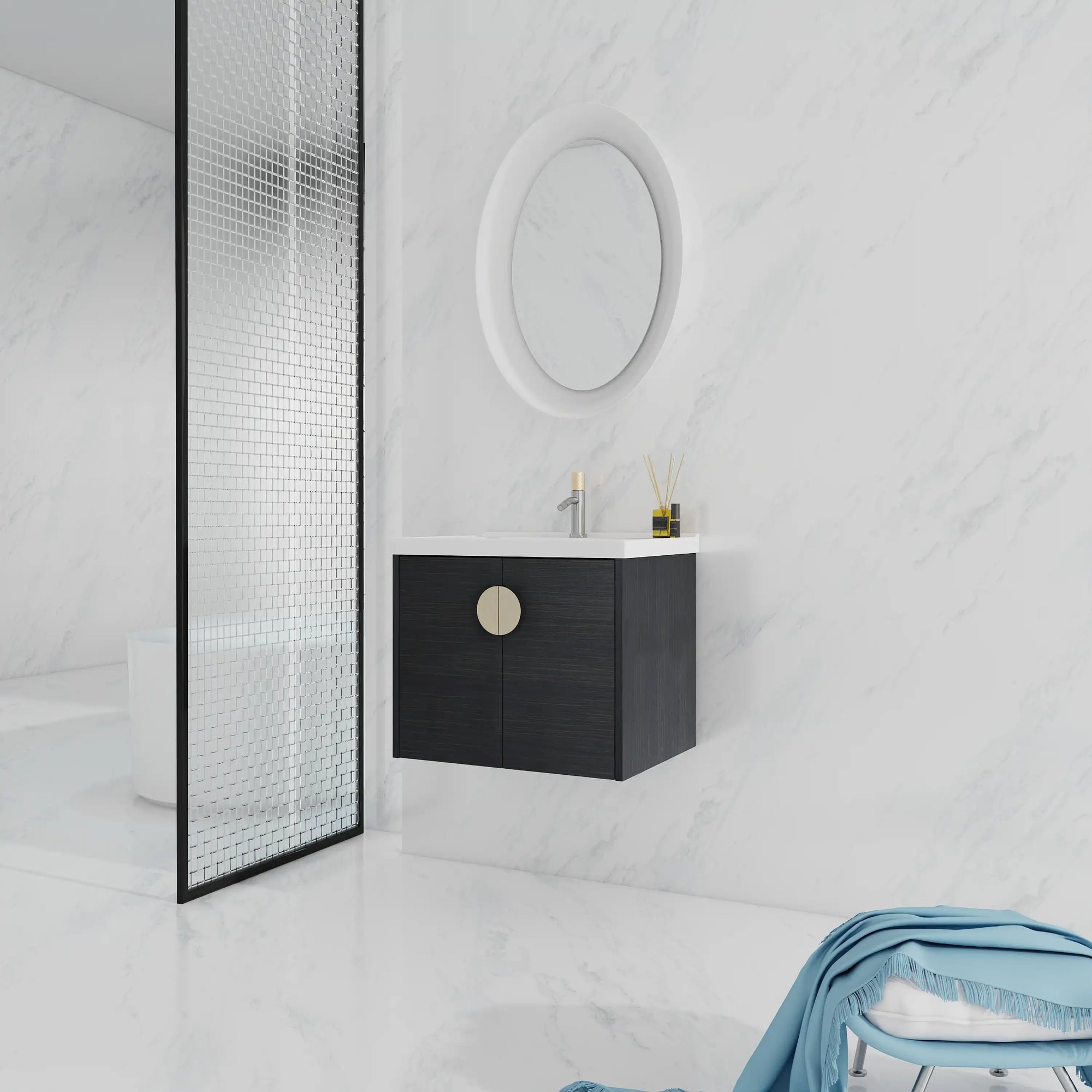 24 inch small corner vanity bathroom wall-mounted design displayed in a bright modern bathroom | Ace Decor