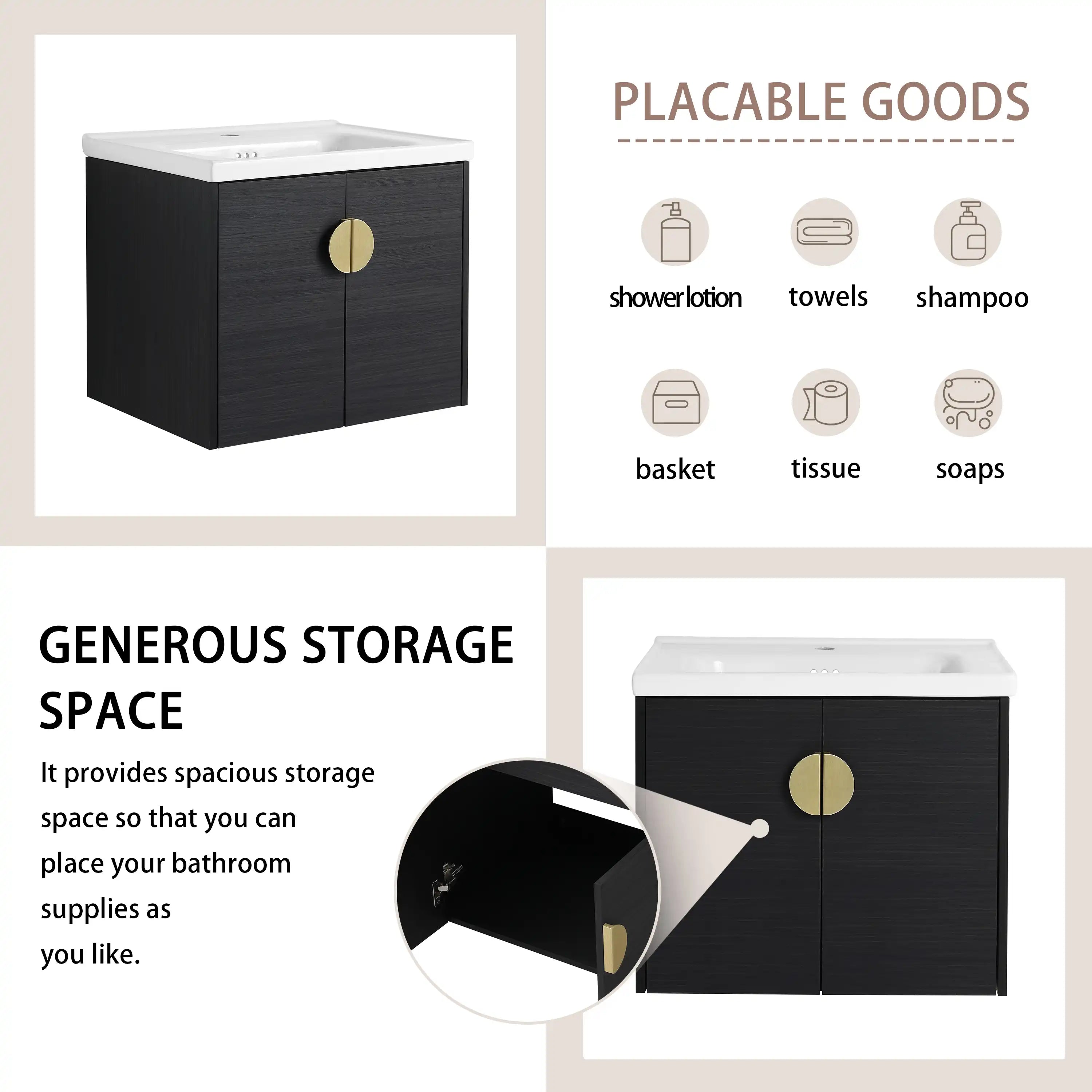 24 inch small corner vanity bathroom showing storage capacity and items that can be placed inside | Ace Decor