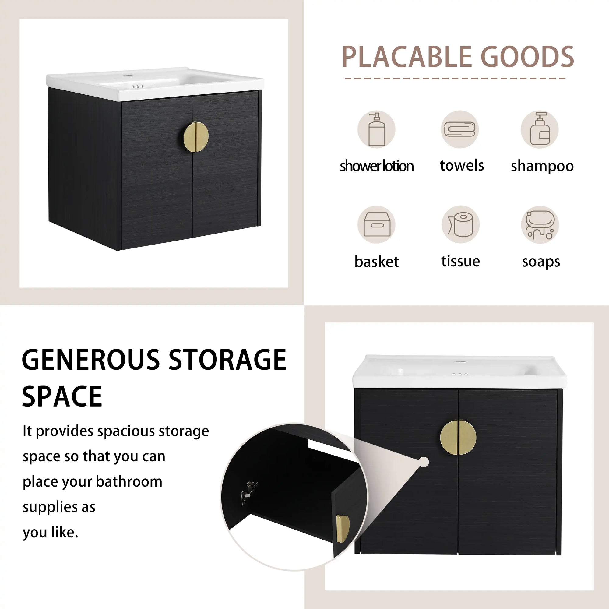 24 inch small corner vanity bathroom showing storage capacity and items that can be placed inside | Ace Decor