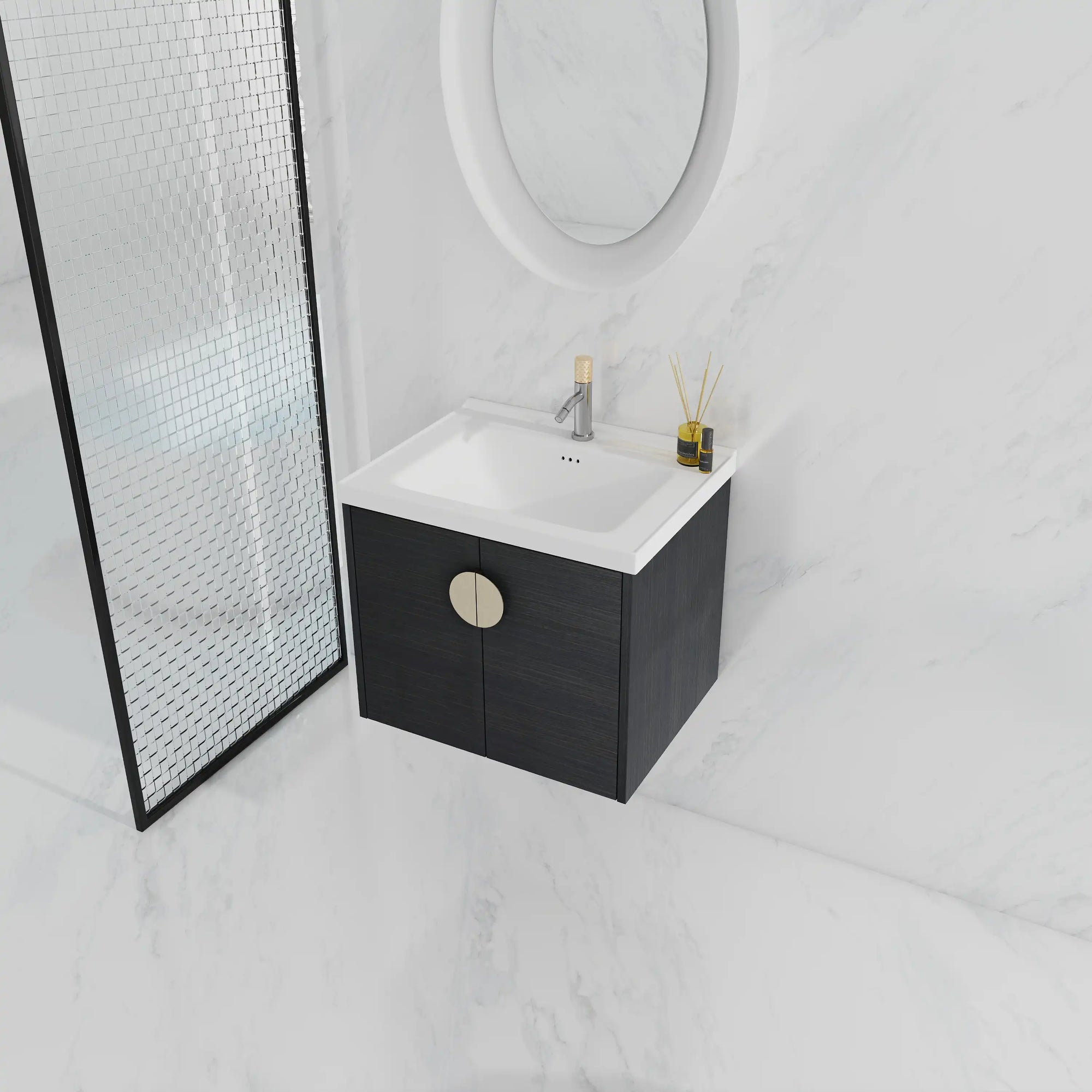Angled view of a 24 inch small corner vanity bathroom with brass round handle | Ace Decor