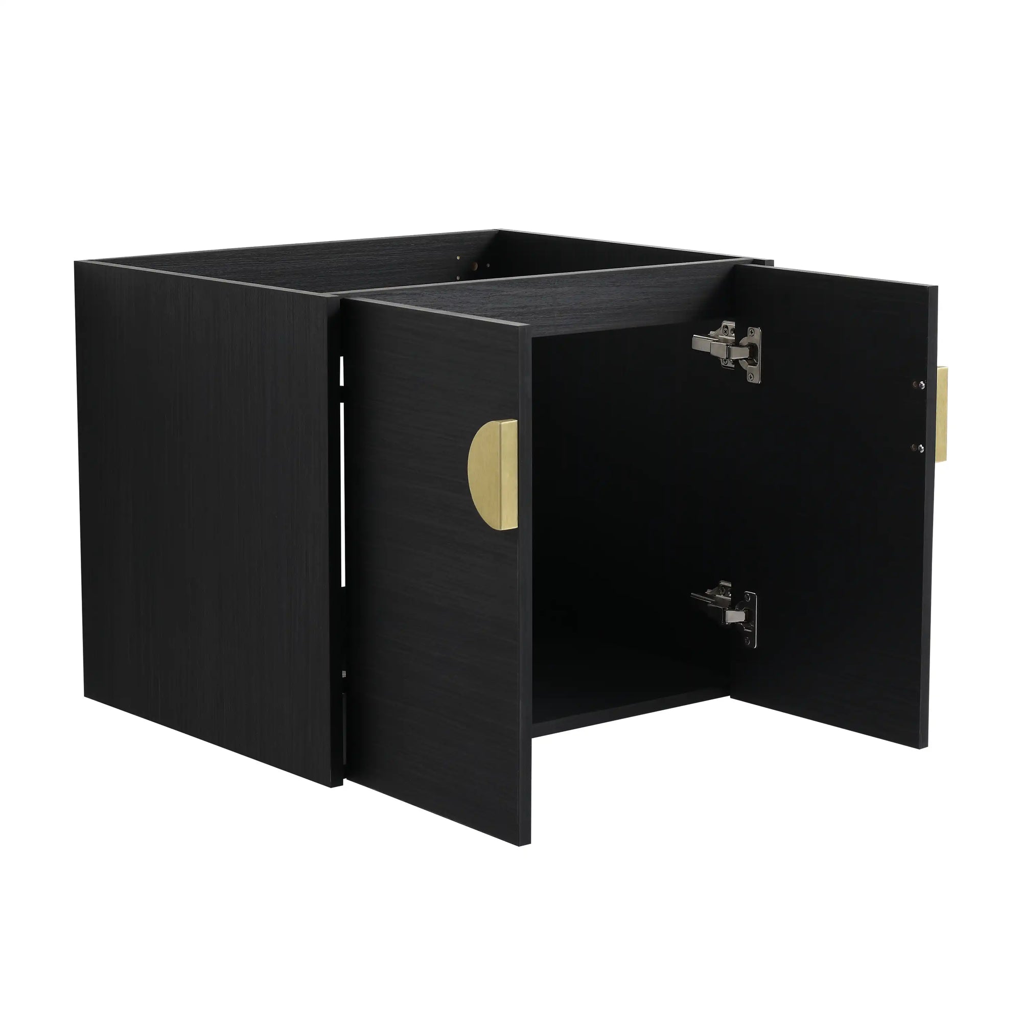 Open-door view of 24 inch small corner vanity bathroom cabinet with internal storage space | Ace Decor