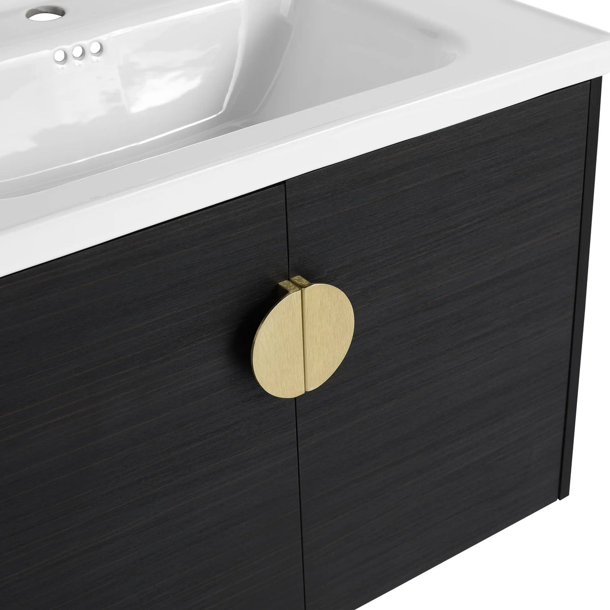 Gold finish door handles close up of the Civetta-Plain Series black floating bathroom vanity.