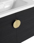 Gold finish door handles close up of the Civetta-Plain Series black floating bathroom vanity.