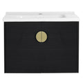 Front view of 28 inch walnut floating vanity featuring round brass handle and integrated sink | Ace Decor