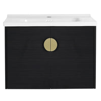 Front view of 28 inch walnut floating vanity featuring round brass handle and integrated sink | Ace Decor