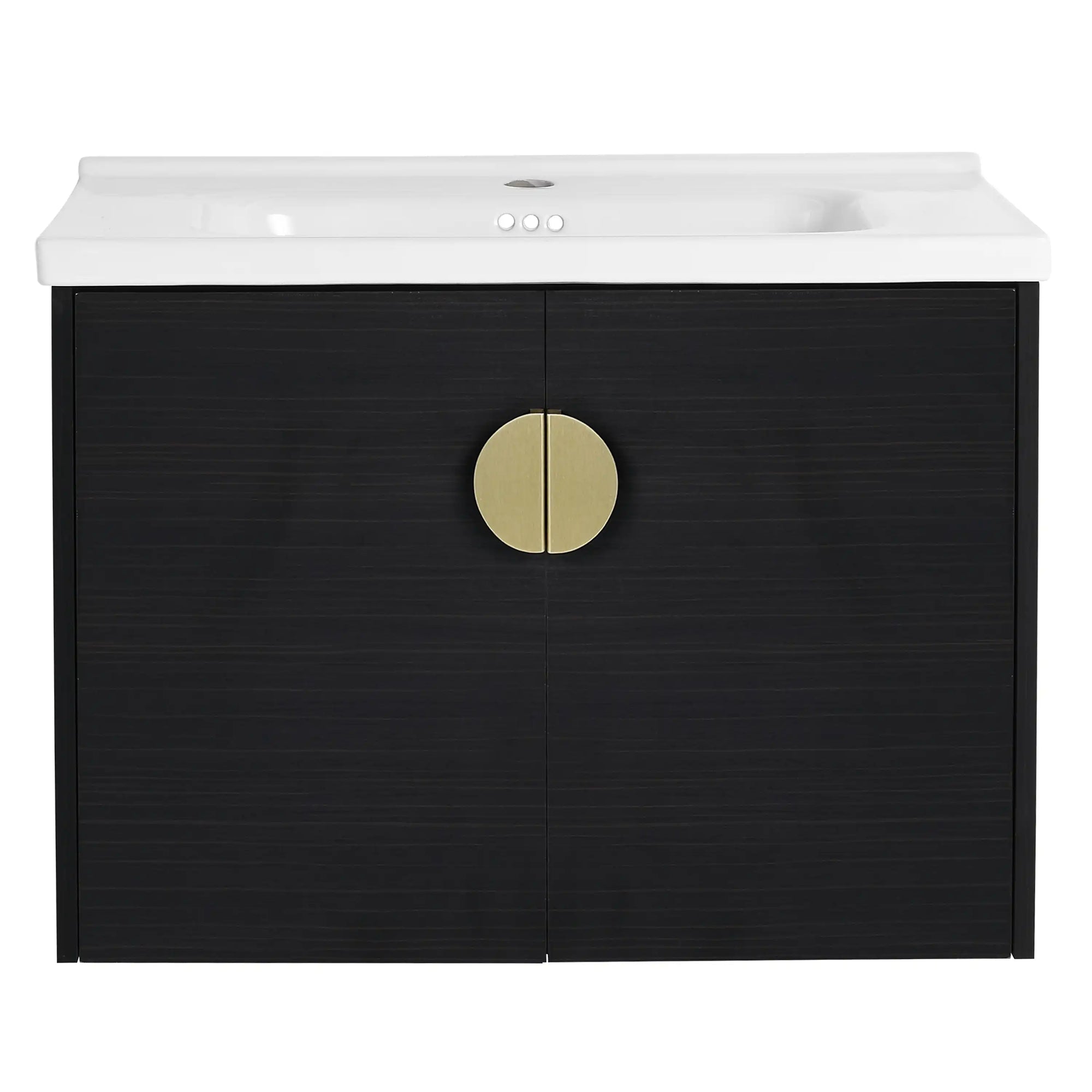 Front view of 28 inch walnut floating vanity featuring round brass handle and integrated sink | Ace Decor