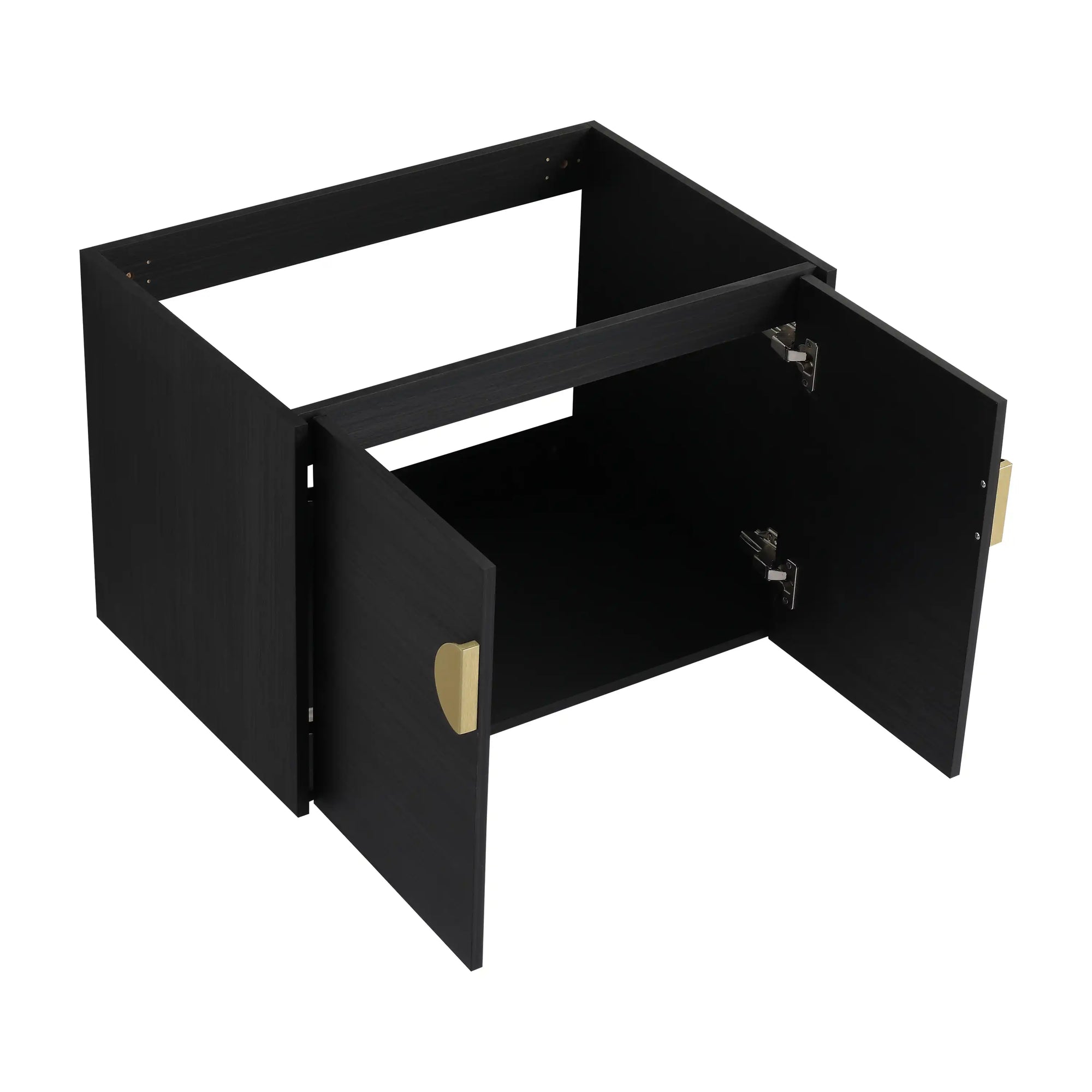 Interior view of 28 inch walnut floating vanity with open doors revealing storage space and hinge design | Ace Decor