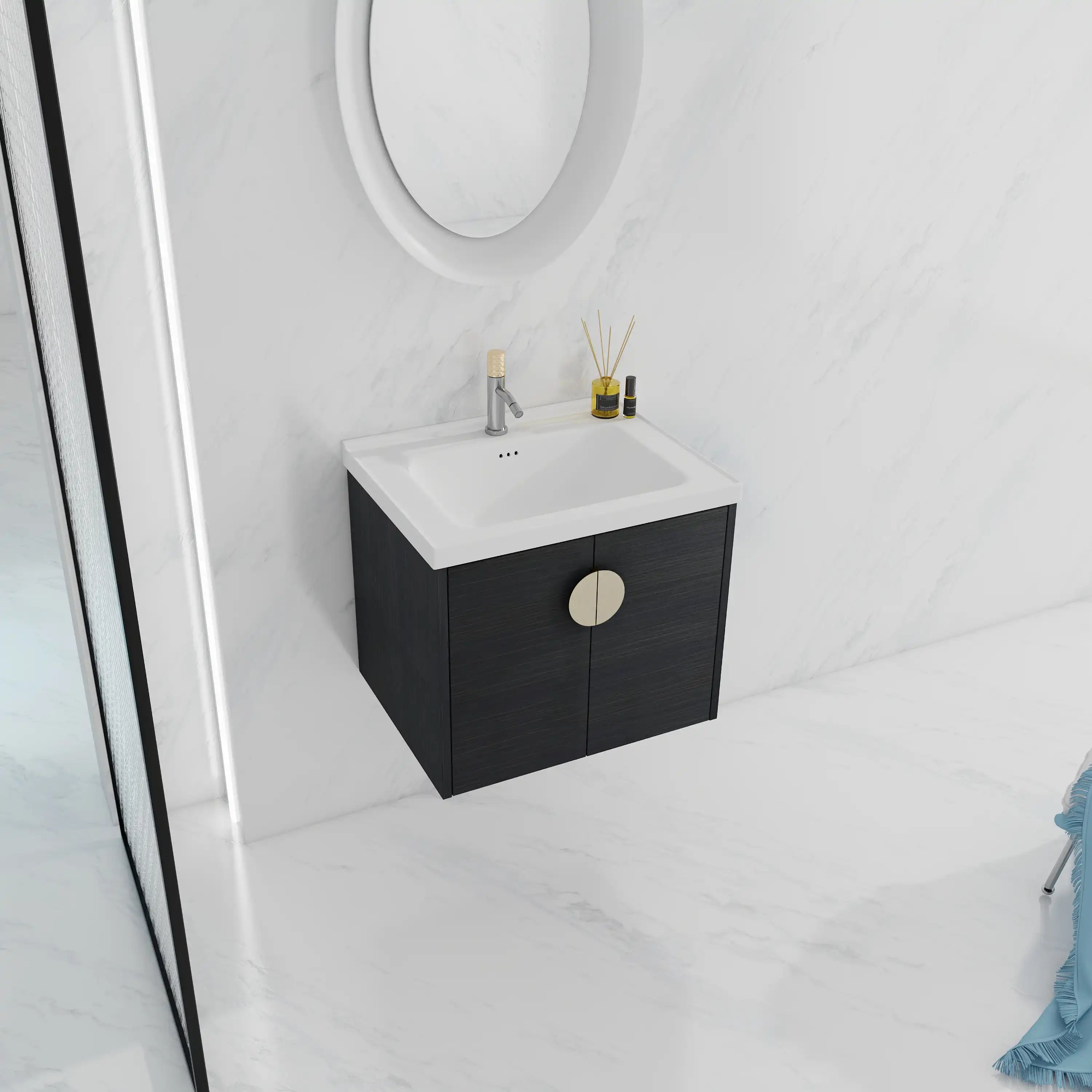 Side view of the 24 inch wall-mounted bathroom vanity in a minimalist bathroom.