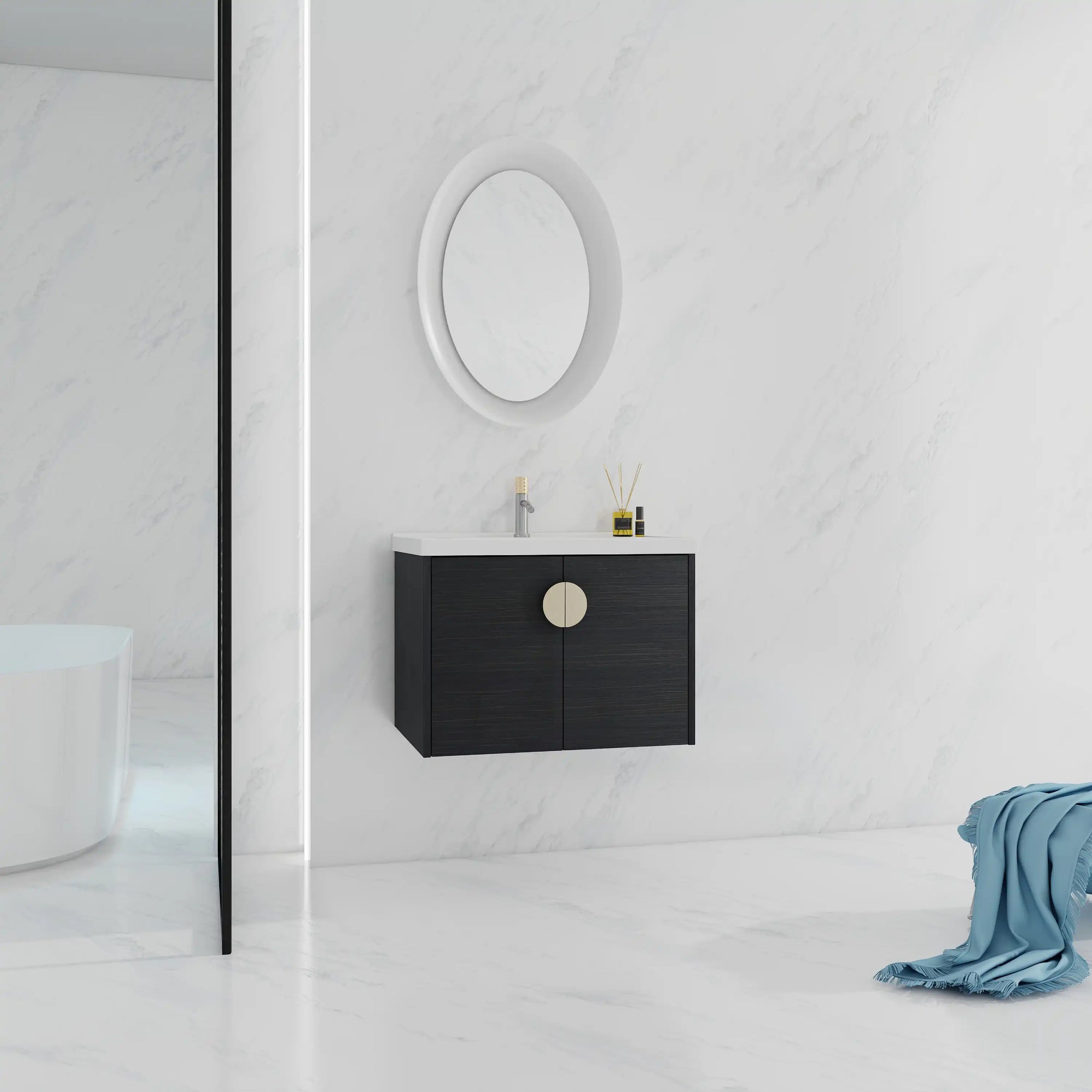 Civetta-Plain Series 28" Black Floating Bathroom Vanity with Round Brass Handle &amp; Integrated Sink