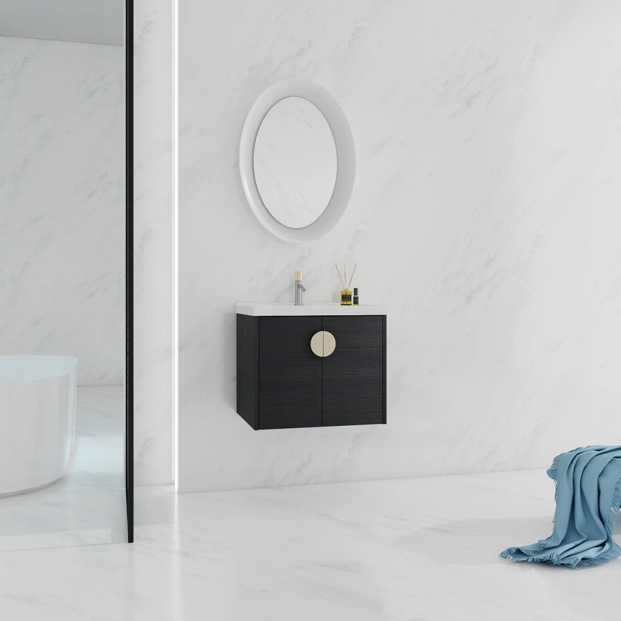 24 inch small corner vanity bathroom installed in a modern white space | Ace Decor