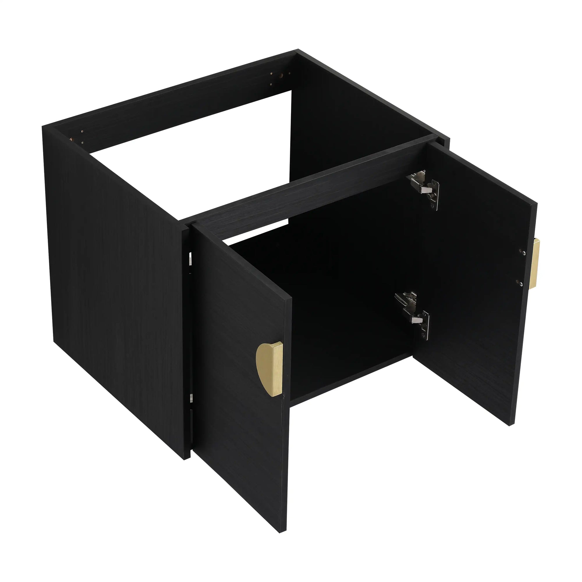 24 inch small corner vanity bathroom with integrated white sink and brass handle, angled display | Ace Decor