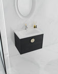 28 inch walnut floating vanity styled in a modern bathroom setting | Ace Decor