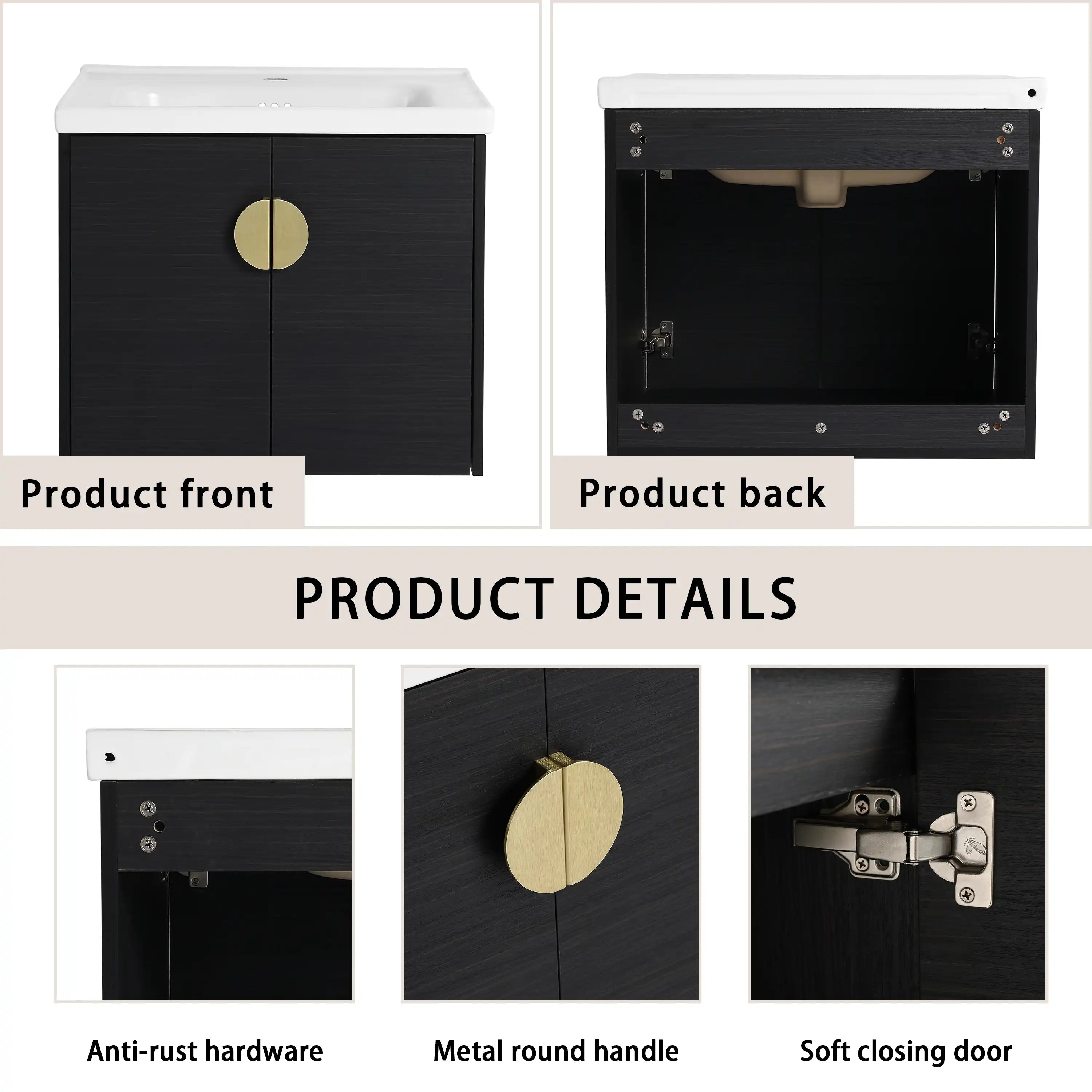 Product detail collage of 24 inch small corner vanity bathroom showing hardware, handle, and cabinet structure | Ace Decor