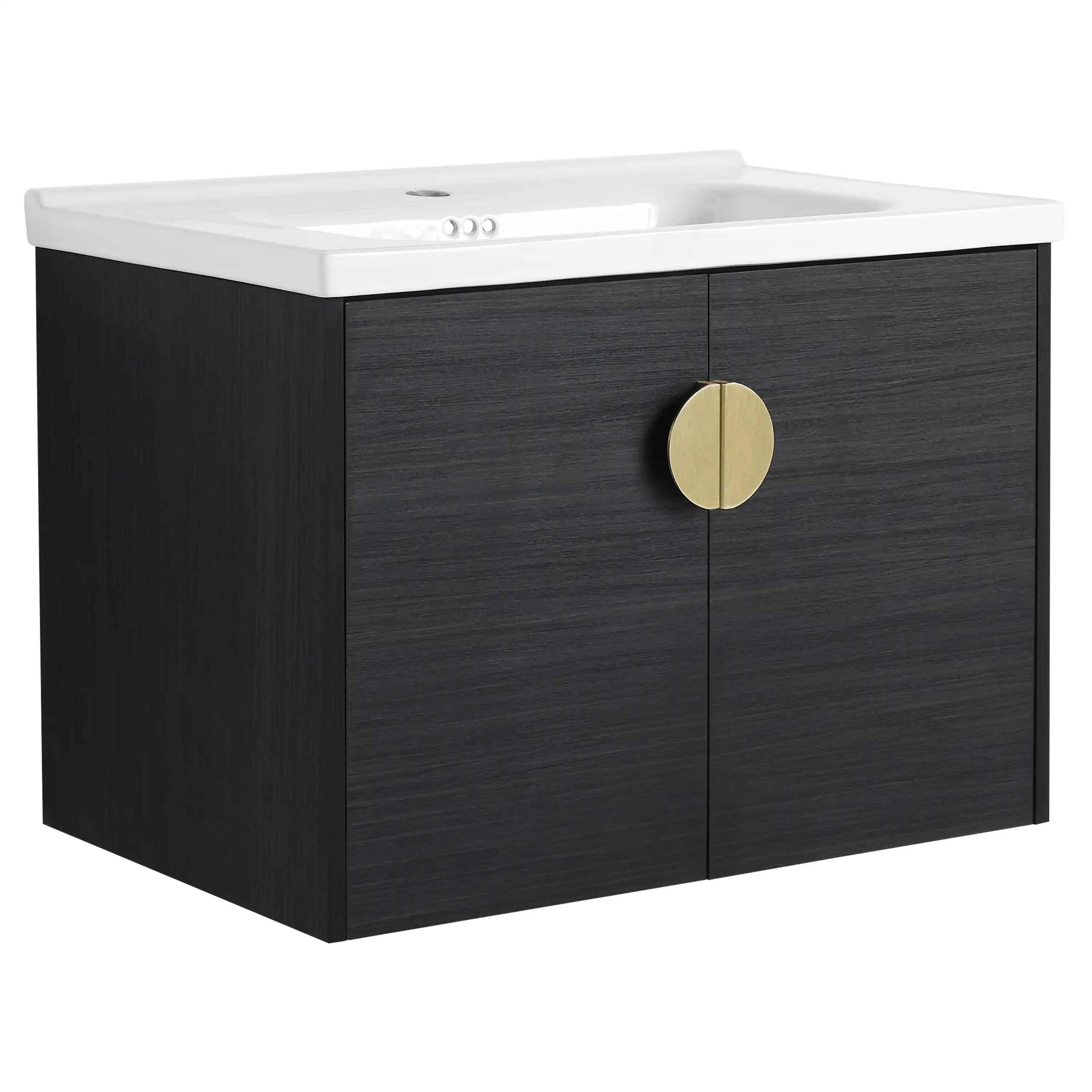 24” or 28” Black Wall-Mounted Bathroom Vanity with Soft Close Doors & Ceramic Sink