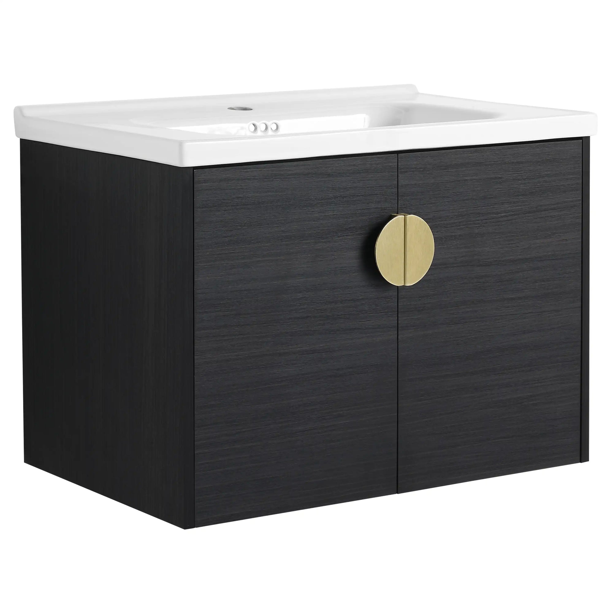 28 inch walnut floating vanity featuring brass round handle in a sleek modern design | Ace Decor