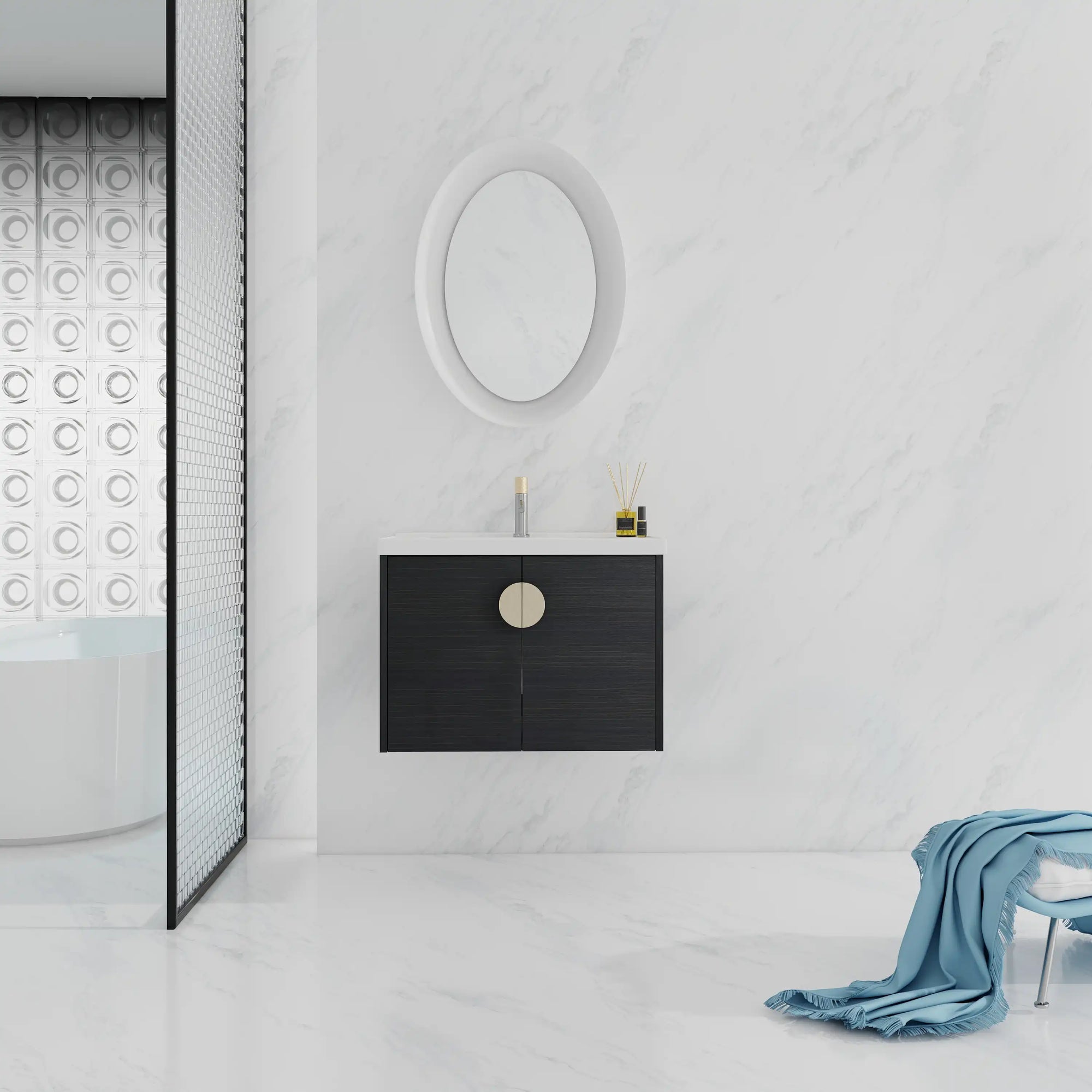 Front view of 24 inch small corner vanity bathroom installed in a minimalist white bathroom | Ace Decor