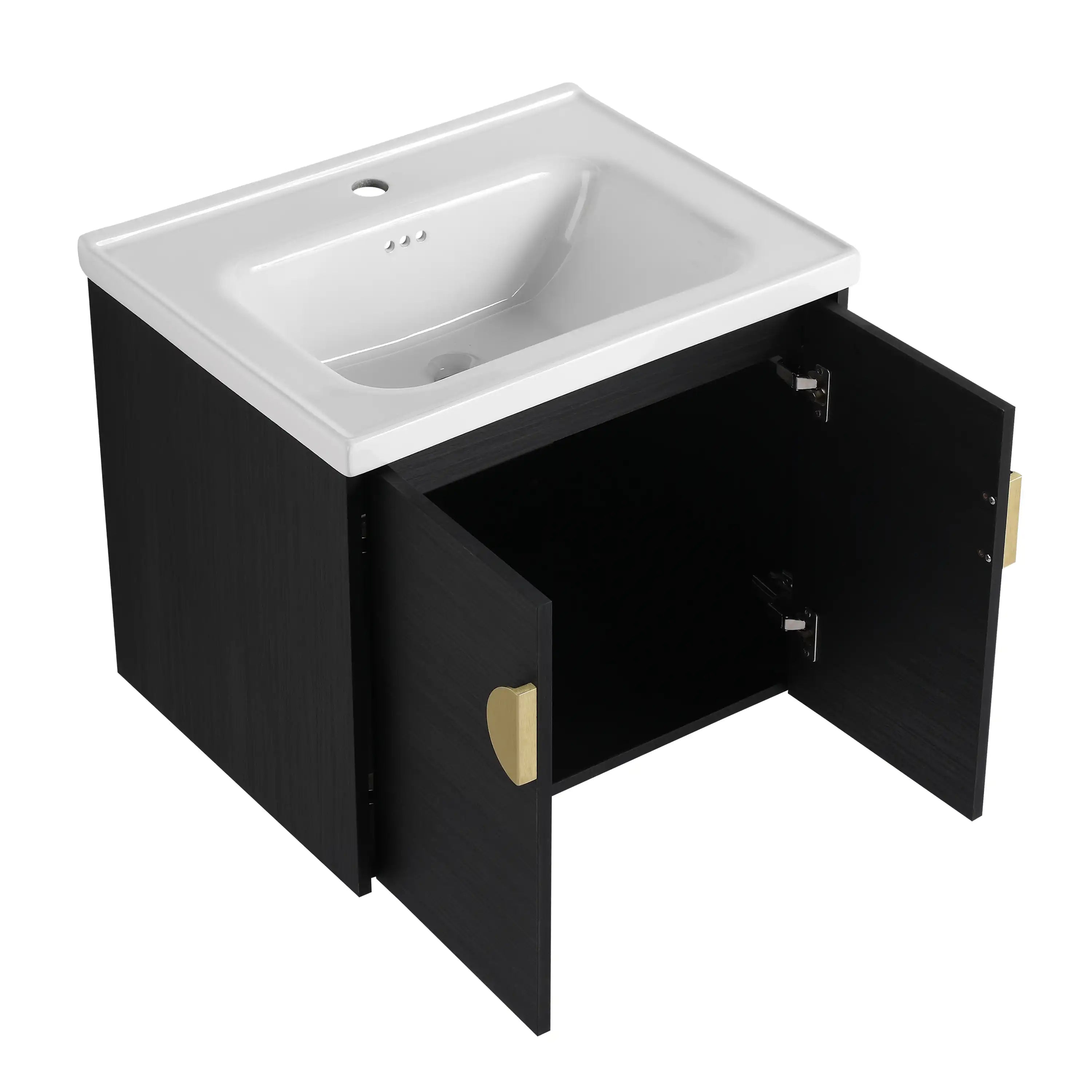 Civetta-Plain 24 inch bathroom vanity with white ceramic sink and open storage cabinet.