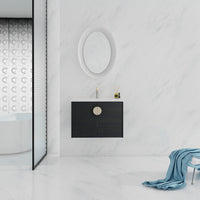 28 inch walnut floating vanity styled in contemporary bathroom interior | Ace Decor