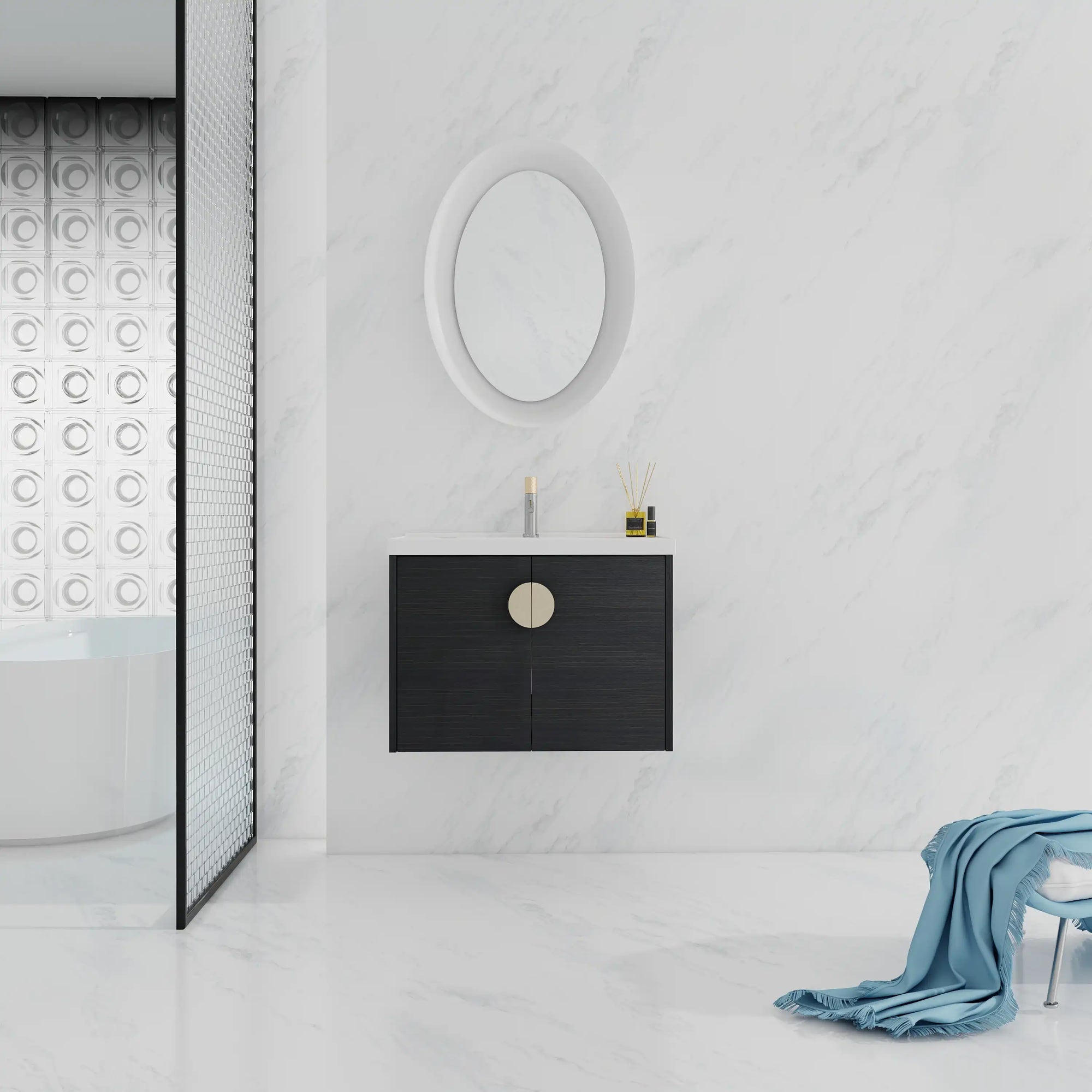 28 inch walnut floating vanity styled in contemporary bathroom interior | Ace Decor