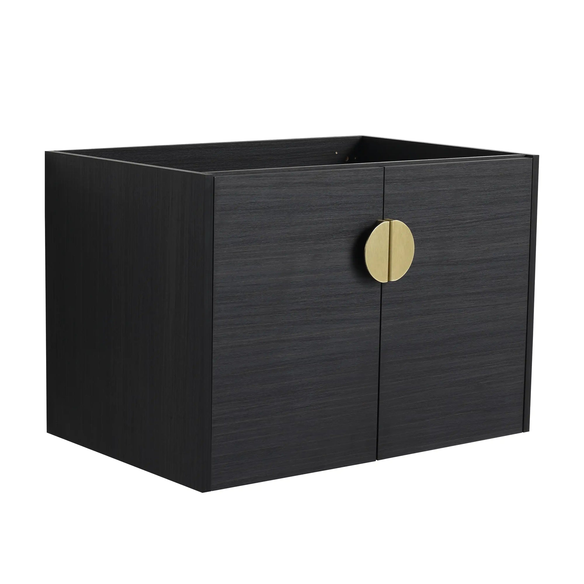 28 inch walnut floating vanity cabinet with gold round handle shown without countertop | Ace Decor